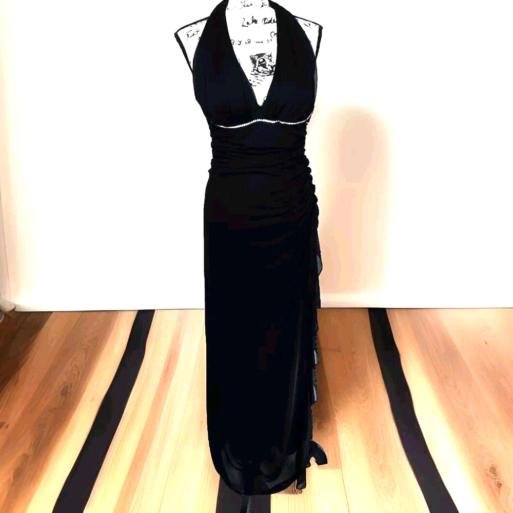 Vtg Betsy & Adam Rhinestones Babydoll Sheer Maxi Dress Size 10 Black Ruche Side